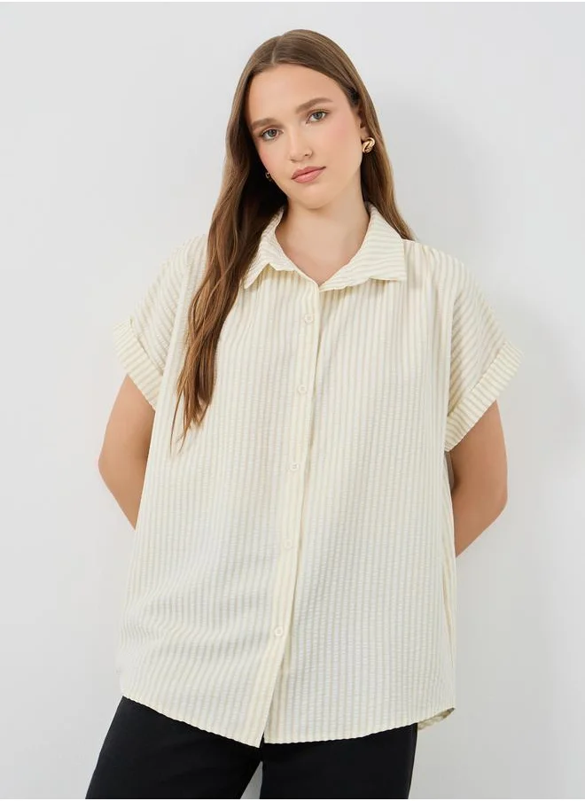 تايك تو Take Two Striped Short Sleeve Oversized Buttoned Shirt