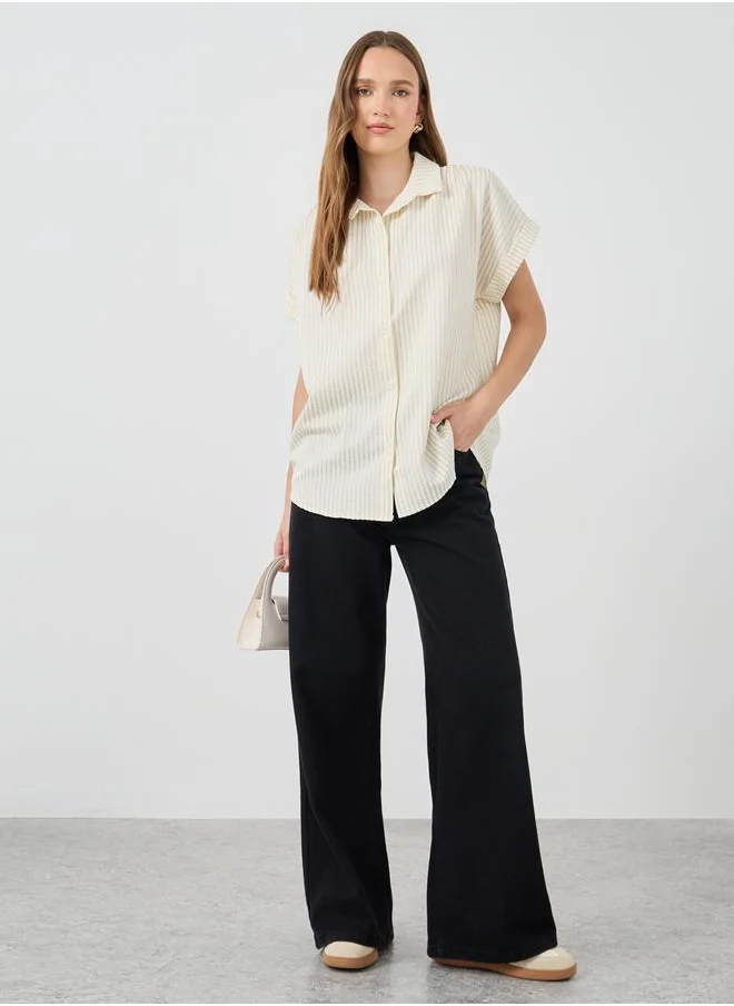 تايك تو Take Two Striped Short Sleeve Oversized Buttoned Shirt