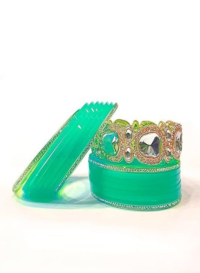 فاباي طقم أساور تشودا البنجابية من فاباي للعرائس مع كادا للنساء والفتيات (طقم من قطعة واحدة) (أخضر ثلجي، 2.8) - Image 4