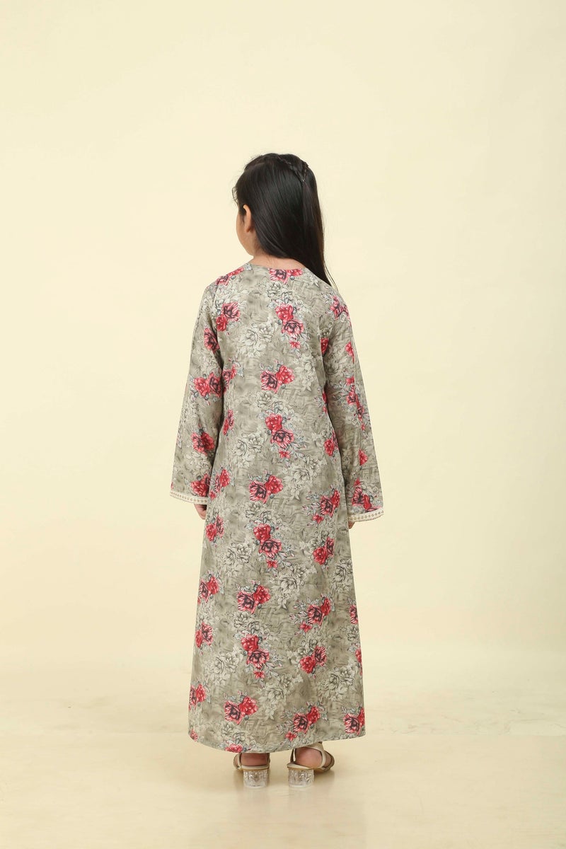 HANA & SARA Girls Arabic Floral Print Jalabiya – Modest Long Sleeve Ethnic Dress for Kids - Image 3