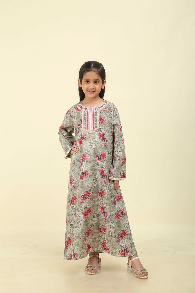HANA & SARA Girls Arabic Floral Print Jalabiya – Modest Long Sleeve Ethnic Dress for Kids - Image 2