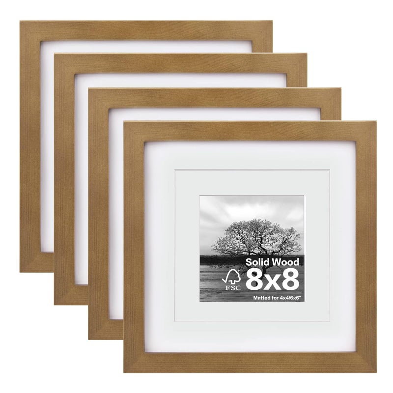 Egofine Egofine 8x8 Picture Frames 4 Pack Covered by Plexiglass for Picture 4x4 with Mat or 8x8 whitout Mat Made of Solid Wood for Table Top Display and Wall Mounting Photo Frame Light Brown 