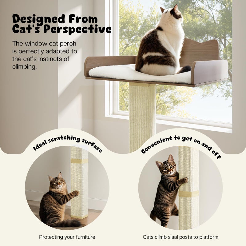 GreenPetopia Cat Window Perch with Thick Sisal Scratching Post, Cats Hammock for Window with 3 Upgrade Suction Cups, 55" Adjustable Tall Cat Scratching Post with Large Perch, Cats Window Bed with Fluffy Cushion - Image 2