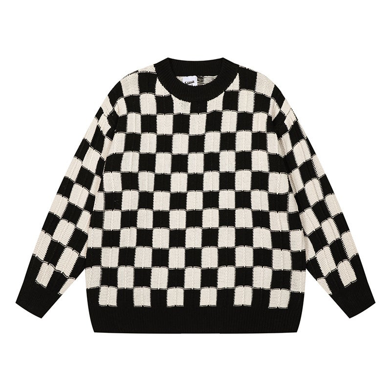 Chao Pai Fried Street Contrast Color Plaid Crochet 2024 Autumn New Mens and Womens Knitted Shirts Lazy Style plus size Sweater Top Khaki - Image 2
