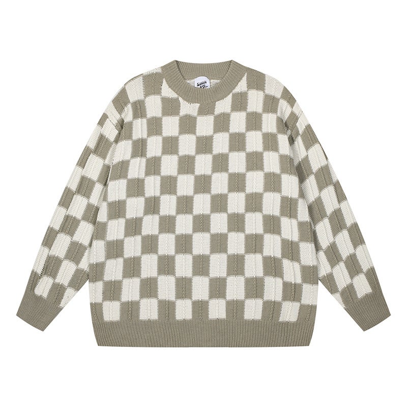 Chao Pai Fried Street Contrast Color Plaid Crochet 2024 Autumn New Mens and Womens Knitted Shirts Lazy Style plus size Sweater Top Khaki - Image 1