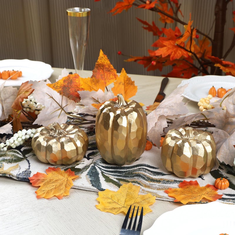 winemana winemana Pumpkins Fall Decor Indoor- Set of 3 Thanksgiving Table Decorations  Artificial Pumpkins Decor for Fall Table Runner  Harvest Autumn  Home Mantel  Office (Elegant Gold)  - Image 2