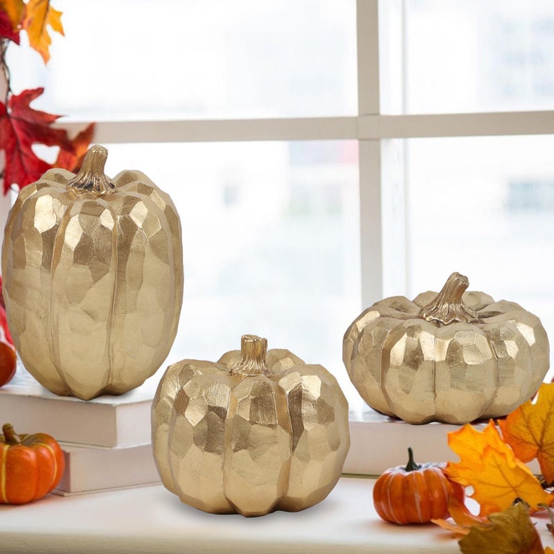winemana winemana Pumpkins Fall Decor Indoor- Set of 3 Thanksgiving Table Decorations  Artificial Pumpkins Decor for Fall Table Runner  Harvest Autumn  Home Mantel  Office (Elegant Gold)  - Image 5