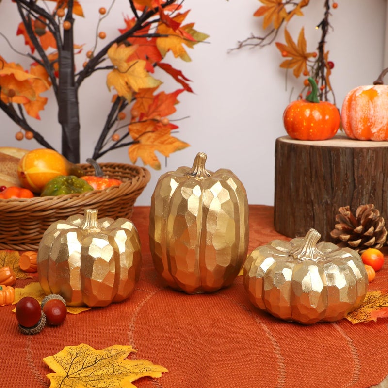 winemana winemana Pumpkins Fall Decor Indoor- Set of 3 Thanksgiving Table Decorations  Artificial Pumpkins Decor for Fall Table Runner  Harvest Autumn  Home Mantel  Office (Elegant Gold)  - Image 4