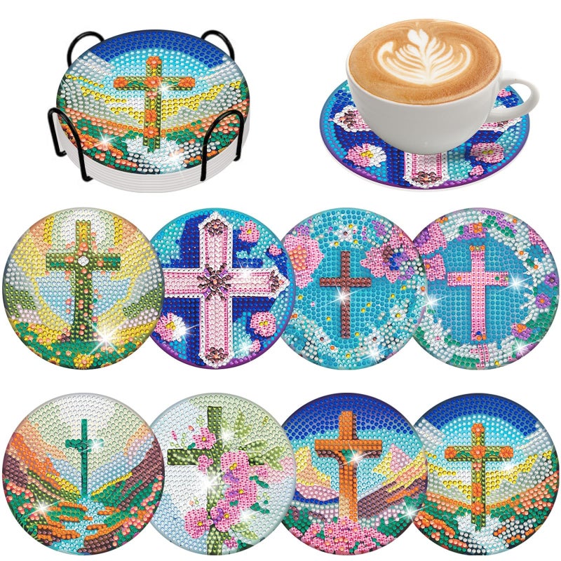 8 Pieces Crosses Diamond Coasters with Holder DIY Crosses Diamond Art Coasters 5d Full Drill Diamond Art Decor Acrylic Round Cup Coaster with Cork Pads for Adults