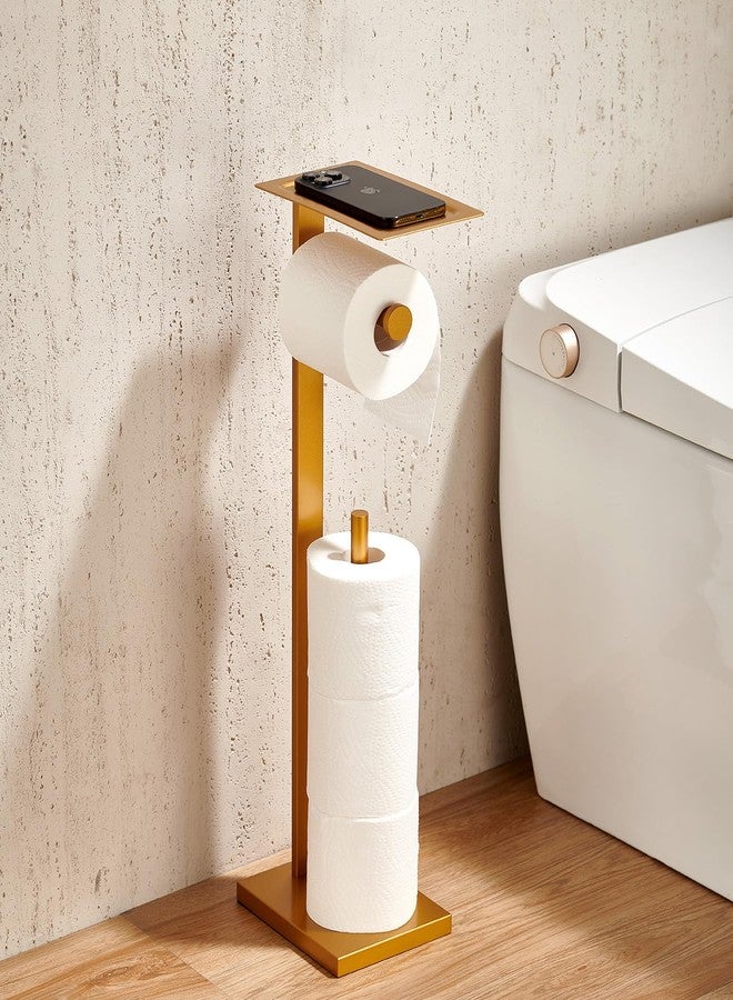 Miyili Bathroom Lavatory Toilet Paper Holder with Shelf Stainless Steel Freestanding Toilet Tissue Roll Holder Square Style Gold, F04G2 - Image 4