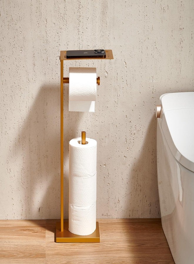 Miyili Bathroom Lavatory Toilet Paper Holder with Shelf Stainless Steel Freestanding Toilet Tissue Roll Holder Square Style Gold, F04G2 - Image 5