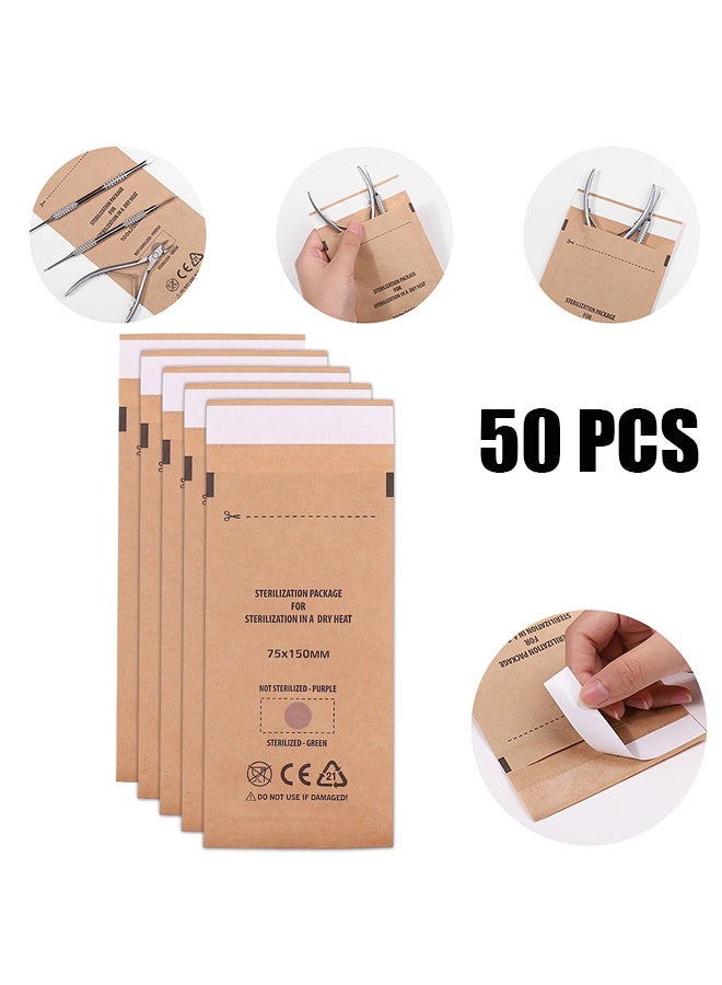 HY 50 Pcs Disposable Self-Sealing Sterilizer Pouches for Nail Tool, Dry Heat Autoclave Nail Tools Sterilizer Bags Kraft Paper Cleaning Bags For Dentist Tools and Nail Art Supplies (75mm x 150mm) - Image 1