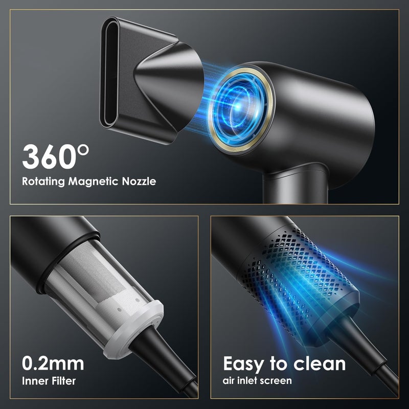 GLAM Hair Dryer Dries Quickly Low Noise Blow Dryer, 110,000 rpm High Speed Hair Dryer 200 Million Ion with Rotating Magnetic Nozzle, Light/Portable for Home, Travel and Salon (Matte Black) - Image 5