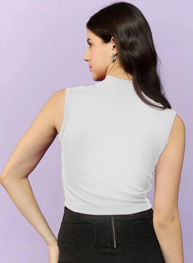 OUTZIDR White High Neck Side Ruched Top