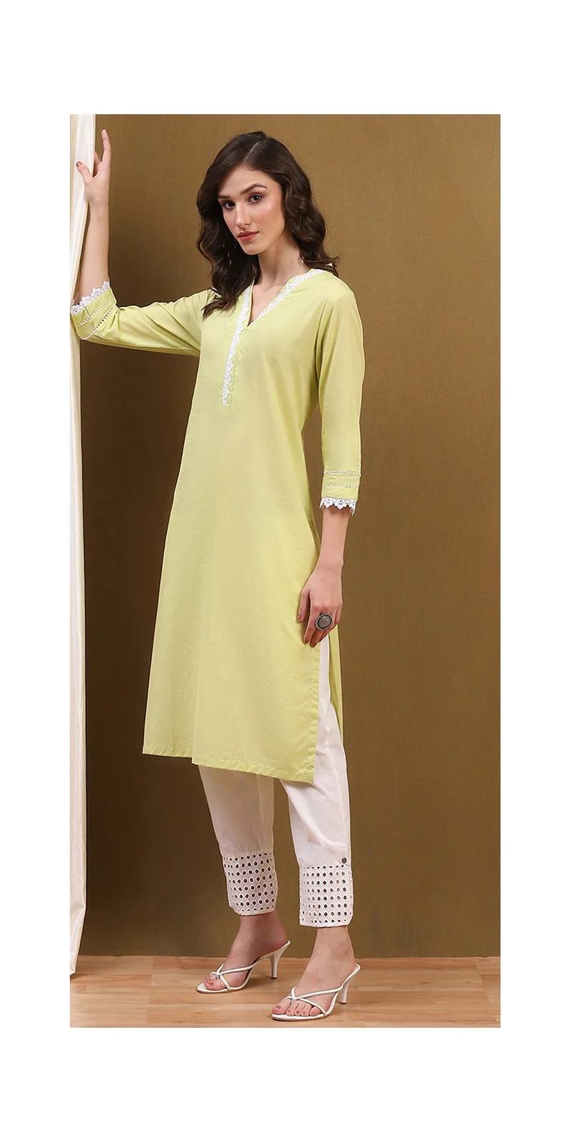 Biba Light Lime Green Cotton Solid Regular Fit Straight Kurta