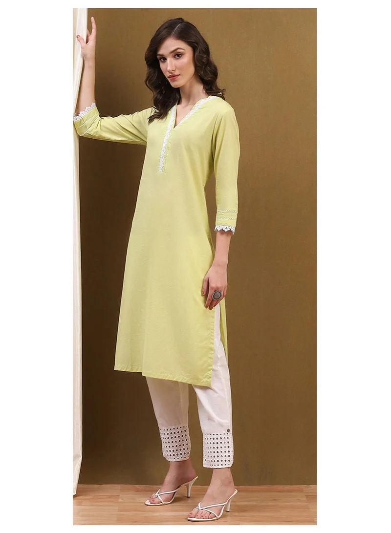 Biba Light Lime Green Cotton Solid Regular Fit Straight Kurta