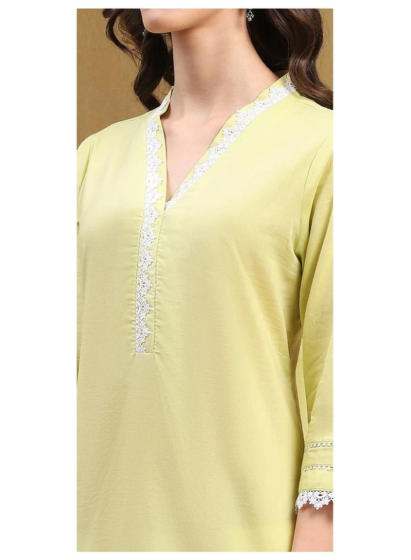 Biba Light Lime Green Cotton Solid Regular Fit Straight Kurta