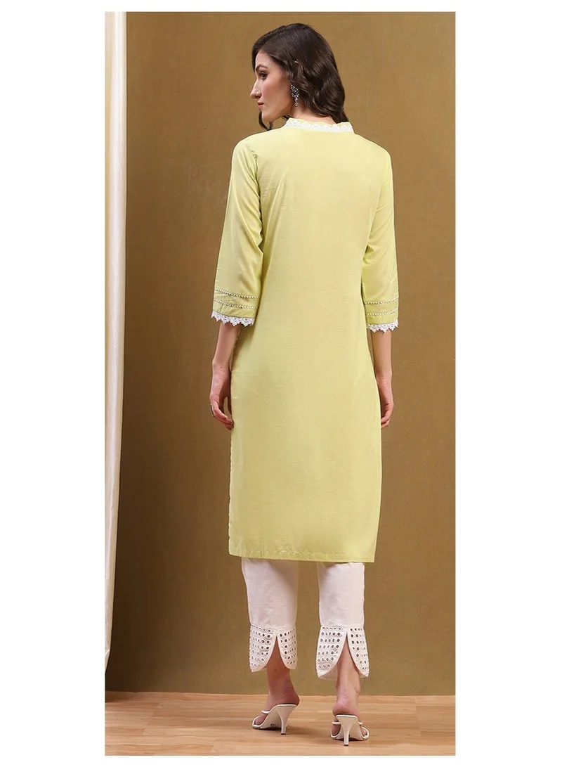 Biba  Light Lime Green Cotton Solid Regular Fit Straight Kurta for Women | Best Price UAE