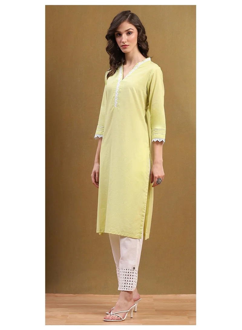 Biba  Light Lime Green Cotton Solid Regular Fit Straight Kurta for Women | Best Price UAE