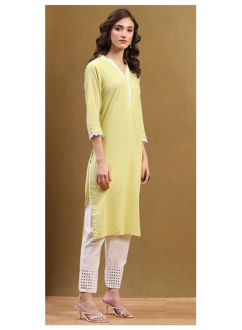 Biba  Light Lime Green Cotton Solid Regular Fit Straight Kurta for Women | Best Price UAE