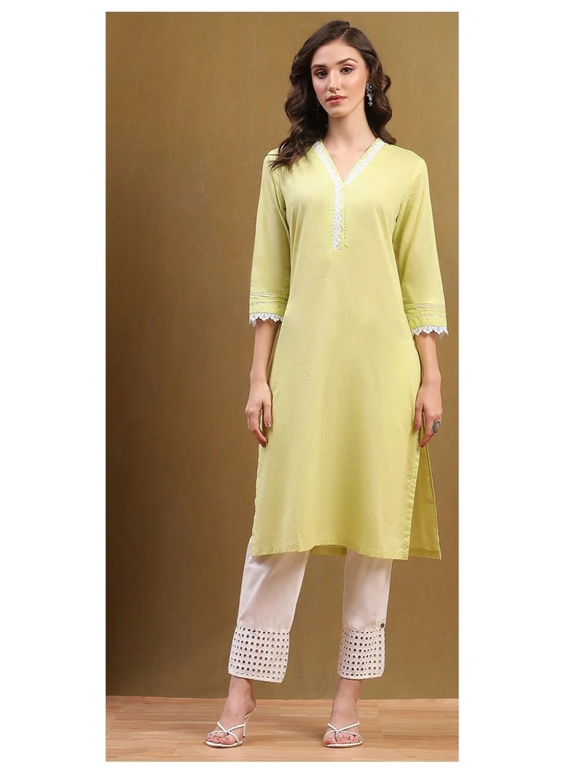 Biba  Light Lime Green Cotton Solid Regular Fit Straight Kurta for Women | Best Price UAE