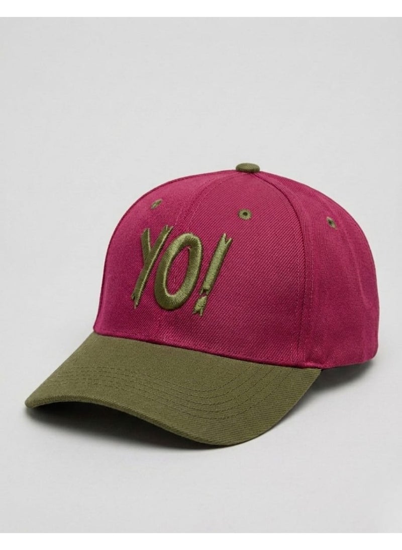 Unisex YOI Embroidered Baseball Cap – Adjustable Cotton Two-Tone Casual Hat with Curved Brim (Pink/Olive Green)