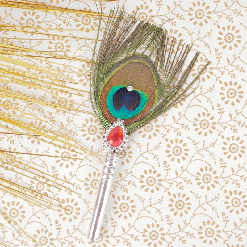 DHRUVS COLLECTION DHRUVS COLLECTION Silver Coated Peacock FeatherHand FanMore Pankh for Home Decoration Pooja Gift Purpose Donation Pack of 1 Medium Size - Image 3