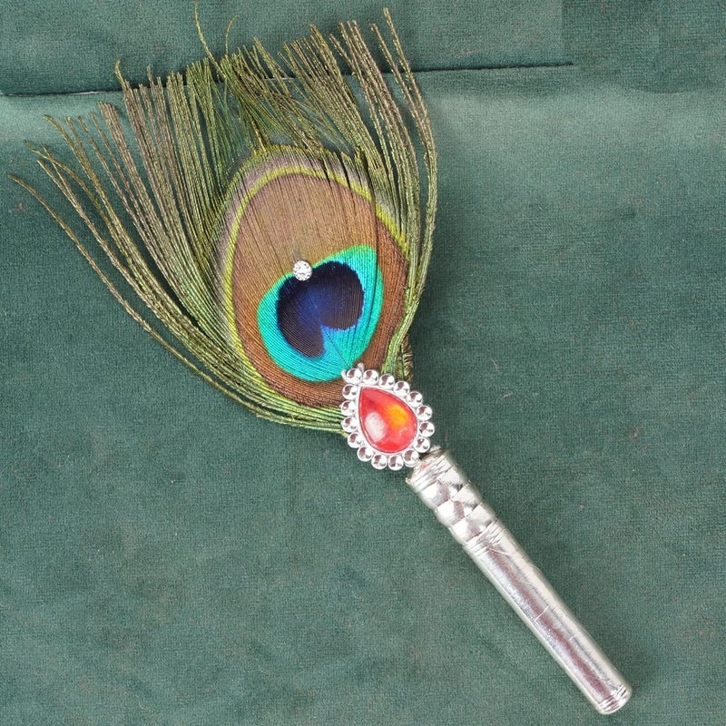 DHRUVS COLLECTION DHRUVS COLLECTION Silver Coated Peacock FeatherHand FanMore Pankh for Home Decoration Pooja Gift Purpose Donation Pack of 1 Medium Size - Image 4