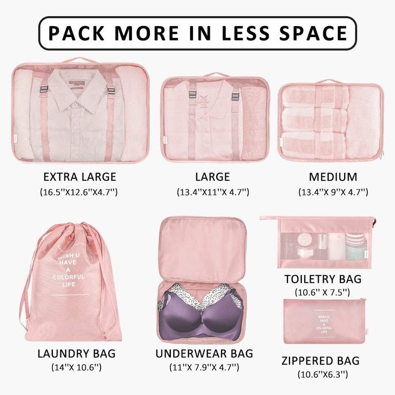 TS WITH TECHSUN 7 Pcs Travel Organizer Pouch Packing Cubes for Clothes Space Savers Bags Cosmetics/Underwear/Socks/Shoes Toiletry Bag Laundry Organiser (Nylon) (Pink) - Image 4