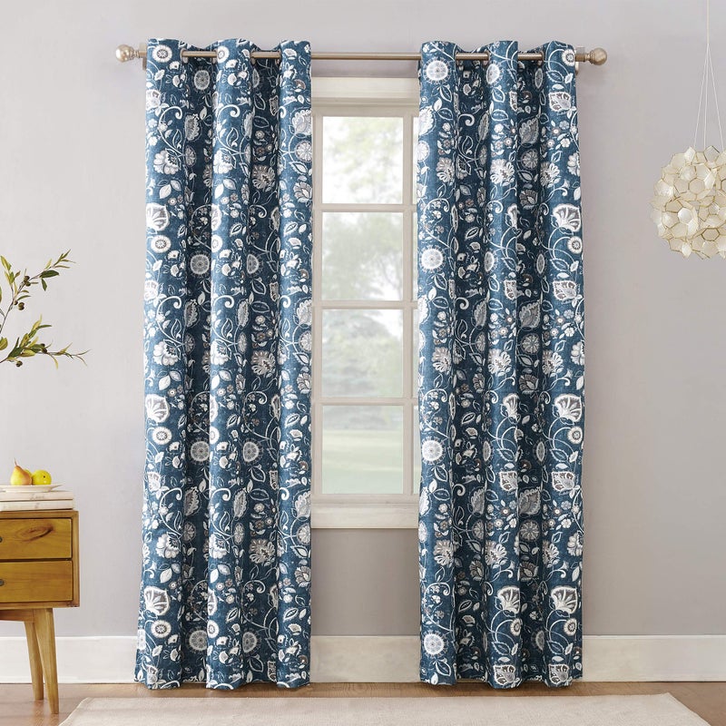 Sun Zero Jorah Botanical Print Thermal Insulated Energy Efficient Grommet Curtain Panel 40 x 84 Blue