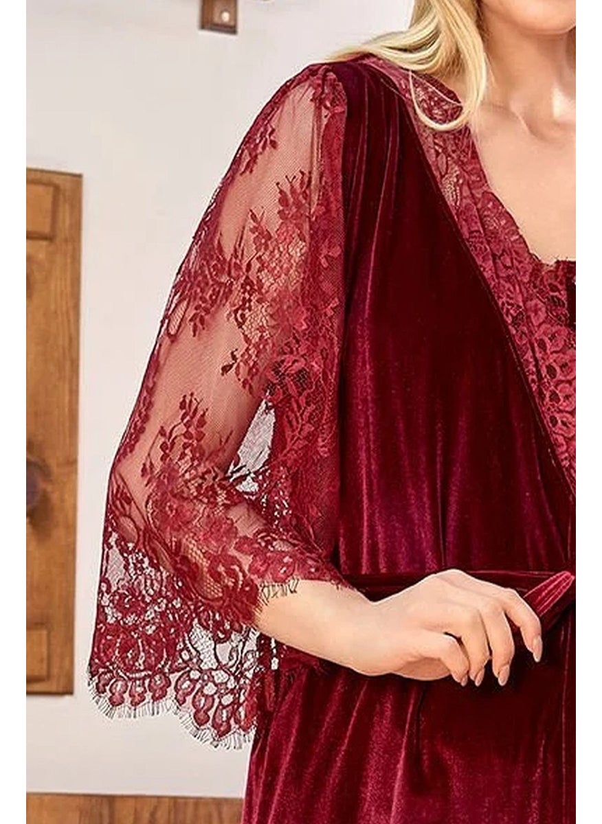 Cossy By Aqua - 24161 Women's Pregnant Maternity Pajama Set with Velvet Dressing Gown - Burgundy - Image 1
