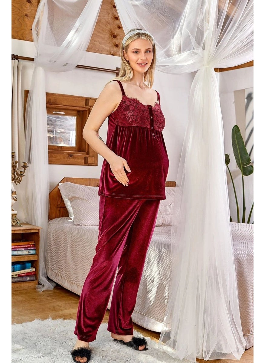 Cossy By Aqua - 24161 Women's Pregnant Maternity Pajama Set with Velvet Dressing Gown - Burgundy - Image 1