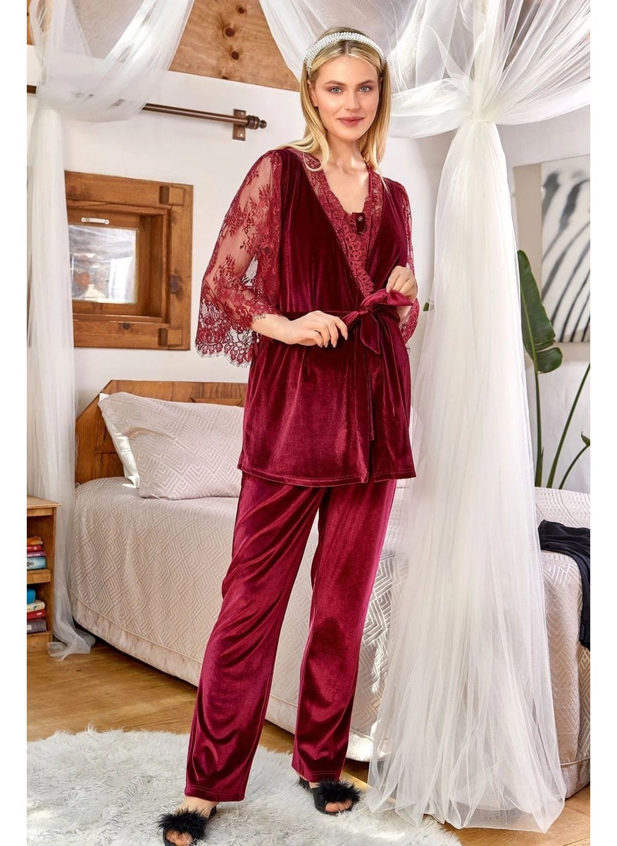 Cossy By Aqua - 24161 Women's Pregnant Maternity Pajama Set with Velvet Dressing Gown - Burgundy - Image 1