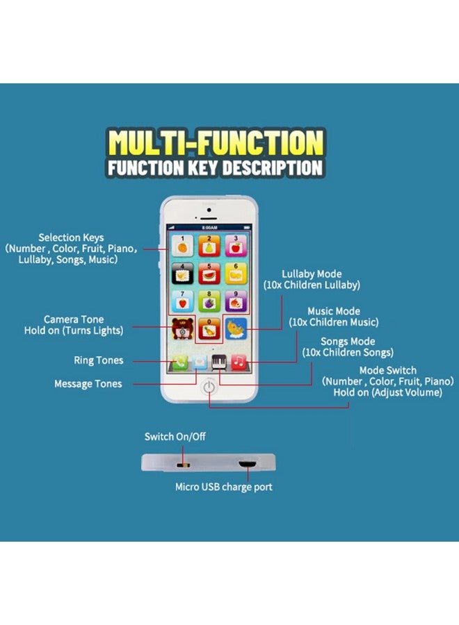 Cooplay White Smart Phone Toy Music Lullaby Yphone Song Touch Screen Usb Recharable Cell Phone Learning English Mobile For Toddler Child - Image 4