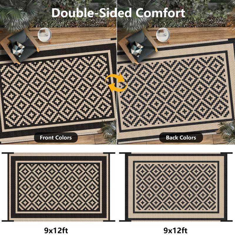 Kohree RV Outdoor Rug 9x12 Reversible, Waterproof Patio Mat with 4 Stakes & UV Fade Resistant, Non-Slip Outdoor Camping Mat for Deck, Picnic, Backyard, Includes Carry Bag (Black & Brown) - Image 2