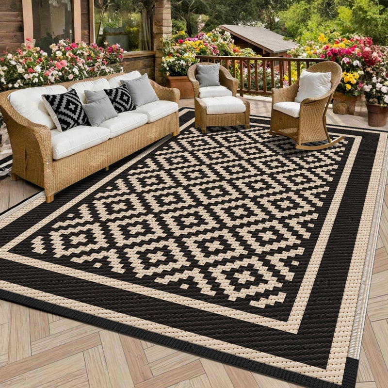 Kohree RV Outdoor Rug 9x12 Reversible, Waterproof Patio Mat with 4 Stakes & UV Fade Resistant, Non-Slip Outdoor Camping Mat for Deck, Picnic, Backyard, Includes Carry Bag (Black & Brown) - Image 1
