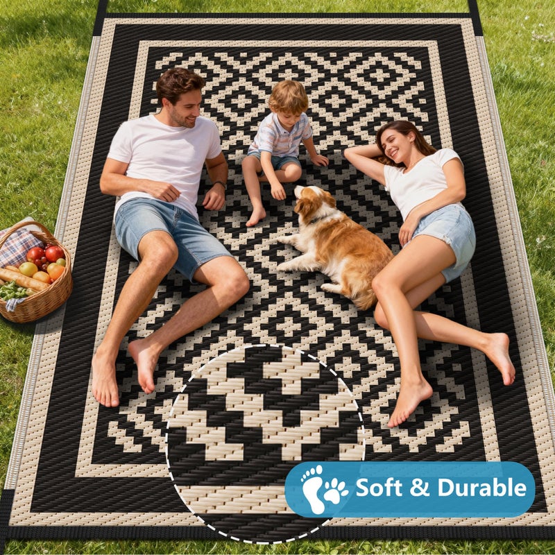 Kohree RV Outdoor Rug 9x12 Reversible, Waterproof Patio Mat with 4 Stakes & UV Fade Resistant, Non-Slip Outdoor Camping Mat for Deck, Picnic, Backyard, Includes Carry Bag (Black & Brown) - Image 5