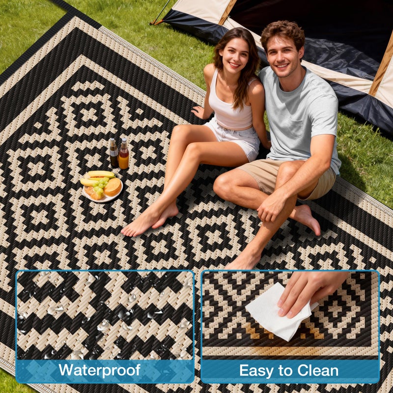 Kohree RV Outdoor Rug 9x12 Reversible, Waterproof Patio Mat with 4 Stakes & UV Fade Resistant, Non-Slip Outdoor Camping Mat for Deck, Picnic, Backyard, Includes Carry Bag (Black & Brown) - Image 3