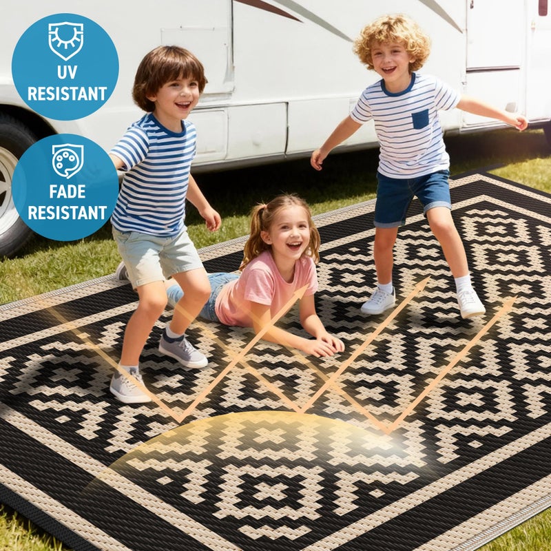 Kohree RV Outdoor Rug 9x12 Reversible, Waterproof Patio Mat with 4 Stakes & UV Fade Resistant, Non-Slip Outdoor Camping Mat for Deck, Picnic, Backyard, Includes Carry Bag (Black & Brown) - Image 4