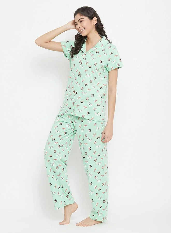 كلوفيا Clovia Button Me Up Butterfly Print Shirt & Pyjama in Mint Green - 100% Cotton