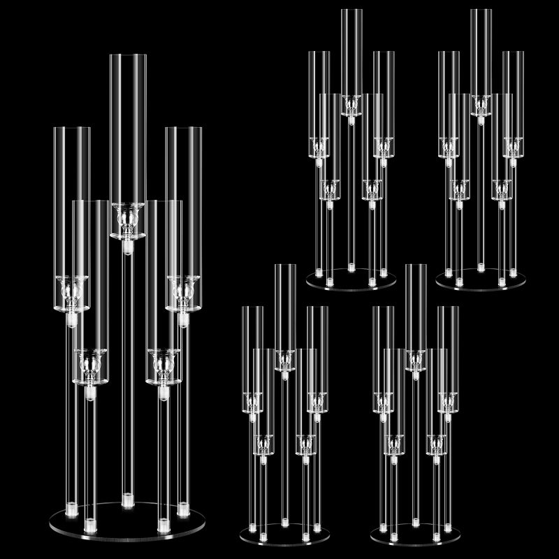 Cherocito 4 set 5 Arms Acrylic Candelabra Centerpieces for Wedding Table Decorations,Clear Candlesticks Holder with Acrylic Shade for Valentine's Day Dinner Party Fireplace Gift Fit LED Candle - Image 1