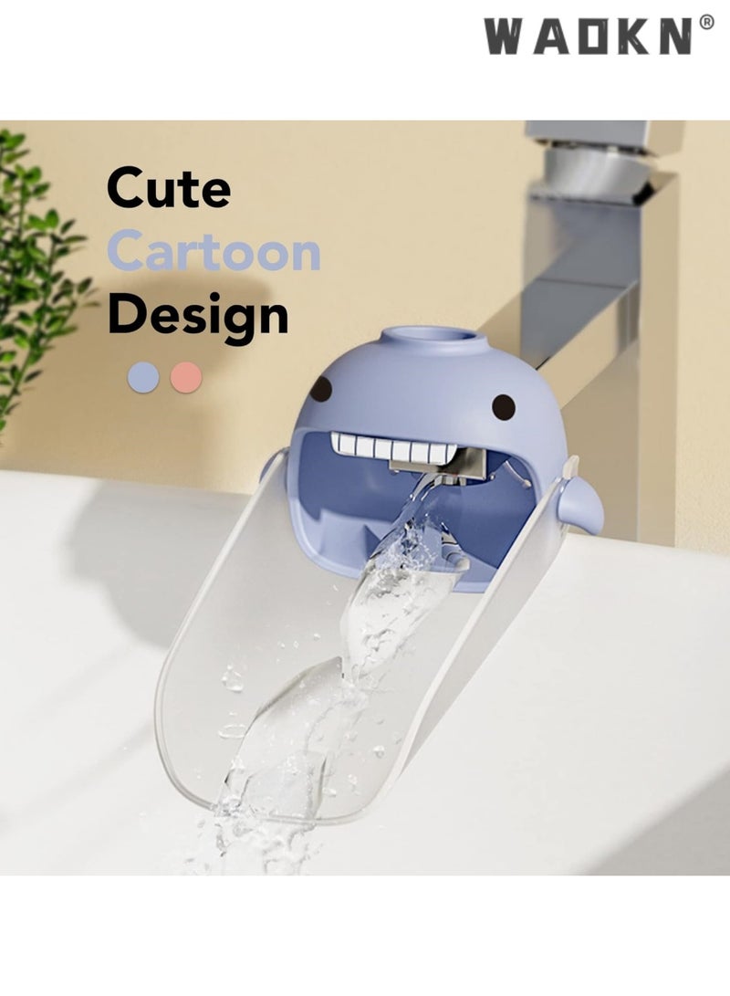WAOKN Faucet extender for toddlers and kids, fits sink spout tub in kitchen and bathroom. Promotes hygiene awareness and independence. Cartoon design, universal size (blue, pink, 2 pieces) - Image 5