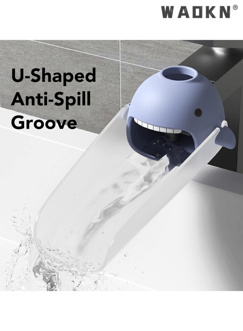 WAOKN Faucet extender for toddlers and kids, fits sink spout tub in kitchen and bathroom. Promotes hygiene awareness and independence. Cartoon design, universal size (blue, pink, 2 pieces) - Image 3