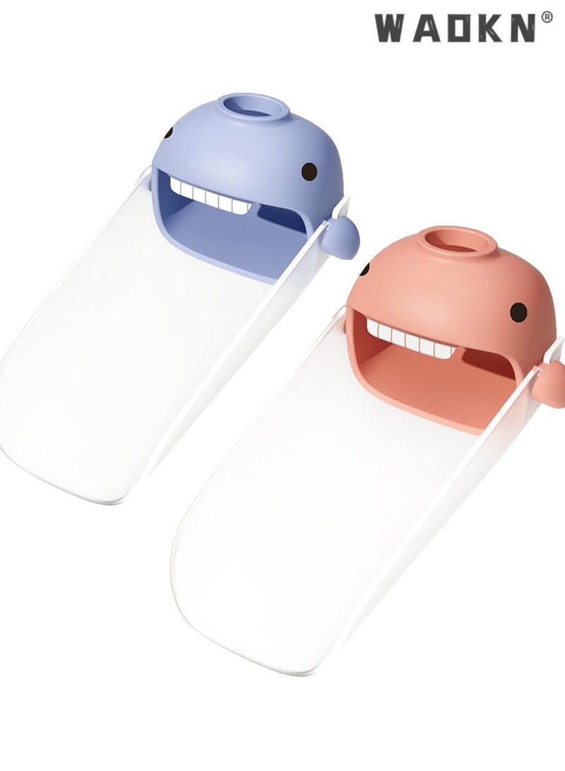 WAOKN Faucet extender for toddlers and kids, fits sink spout tub in kitchen and bathroom. Promotes hygiene awareness and independence. Cartoon design, universal size (blue, pink, 2 pieces) - Image 1