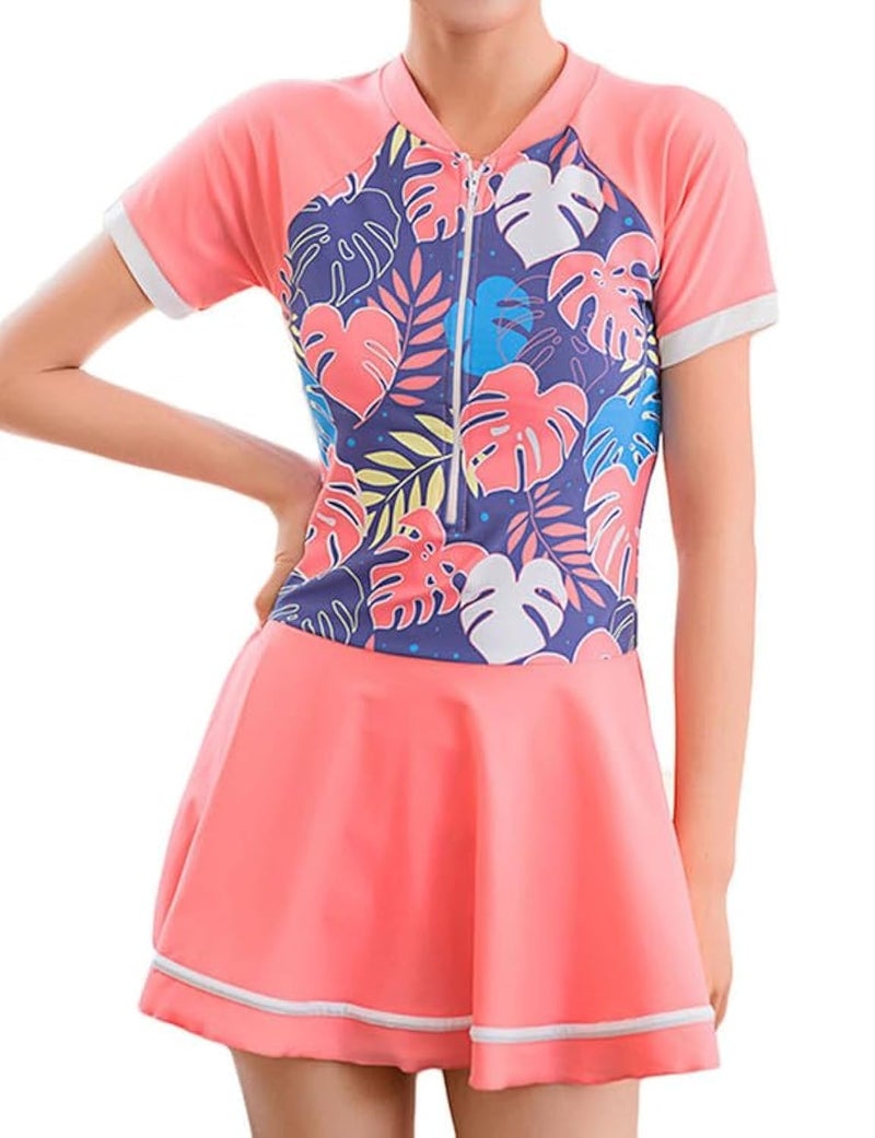 JadeRich Teen Girls One Piece Short Sleeve Swim Dress Rash Guard Bathing Suit Skirted Zip Front Swimwear