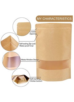 KASTWAVE 100 Pcs 3.5 ×5.5 Inches Kraft Stand Up Pouches Bags with Resealable Lock Seal Zipper Transparent Window, All Purpose Storing Food Storage Stand Up Food Bags for Home or Business  - Image 3