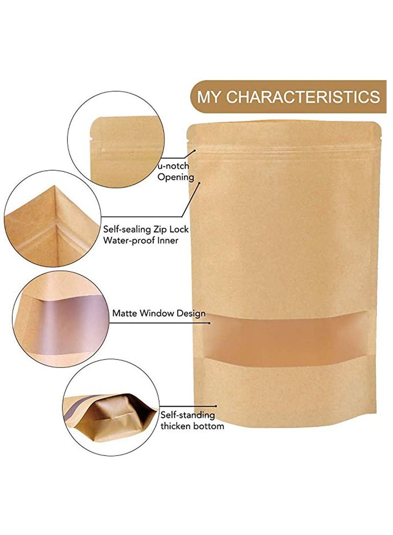 KASTWAVE 100 Pcs 3.5 ×5.5 Inches Kraft Stand Up Pouches Bags with Resealable Lock Seal Zipper Transparent Window, All Purpose Storing Food Storage Stand Up Food Bags for Home or Business - Image 3