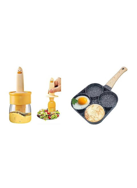 BIRZAR Sauce and Oil Bottle with Silicone Brush for Cooking BBQ Kitchen and 4 Hole Non Stick Egg Frying pan with Detachable Wooden Handle Multi Purpose Frying pan for Omelet uttapam idli Burger
