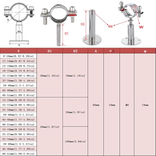 RITUIPIO 2PCS wall Mount Ceiling Mount Pipe 304 Stainless Steel Pipe Supports Pipe Standoff Adjustable Height 100-150mm（3.94"-5.91"） for OD Pipe38-40mm(1.5-1.57in) - Image 5
