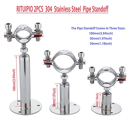 RITUIPIO 2PCS wall Mount Ceiling Mount Pipe 304 Stainless Steel Pipe Supports Pipe Standoff Adjustable Height 100-150mm（3.94"-5.91"） for OD Pipe38-40mm(1.5-1.57in) - Image 2